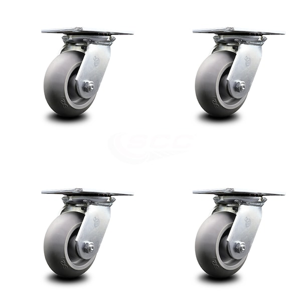 5 Inch Heavy Duty Thermoplastic Rubber Caster Set with Ball Bearings, 4PK
